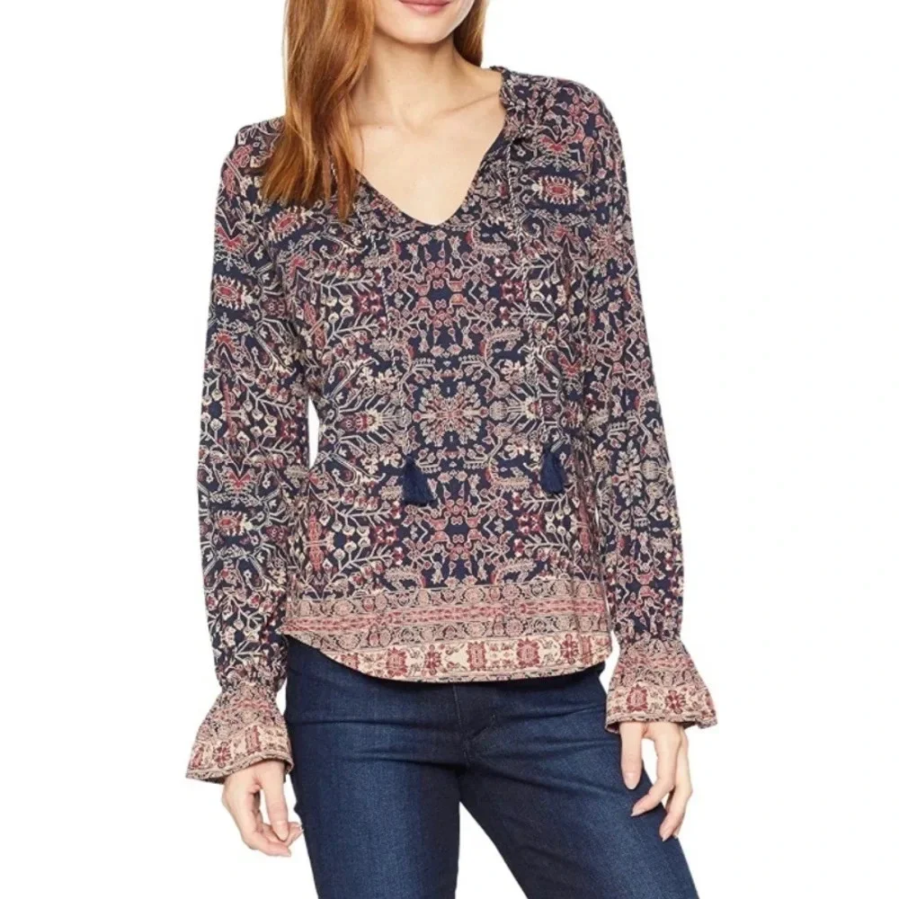Boho Floral Blouse Ethereal Chic Top Whimsigoth Sleeve Blouse Tie Neck XS - Picture 1 of 8